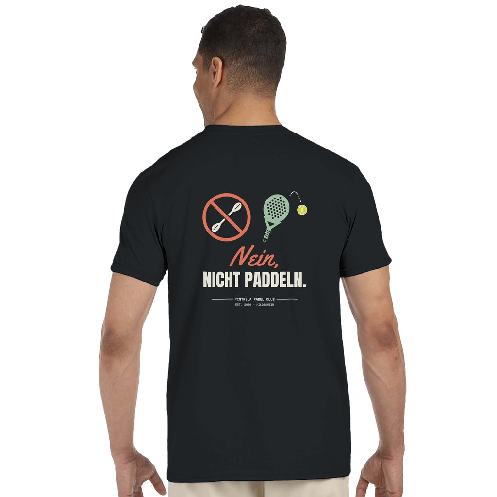 Nein, nicht Paddeln – T-Shirt Rückendruck in Schwarz – getragen, Rückseite