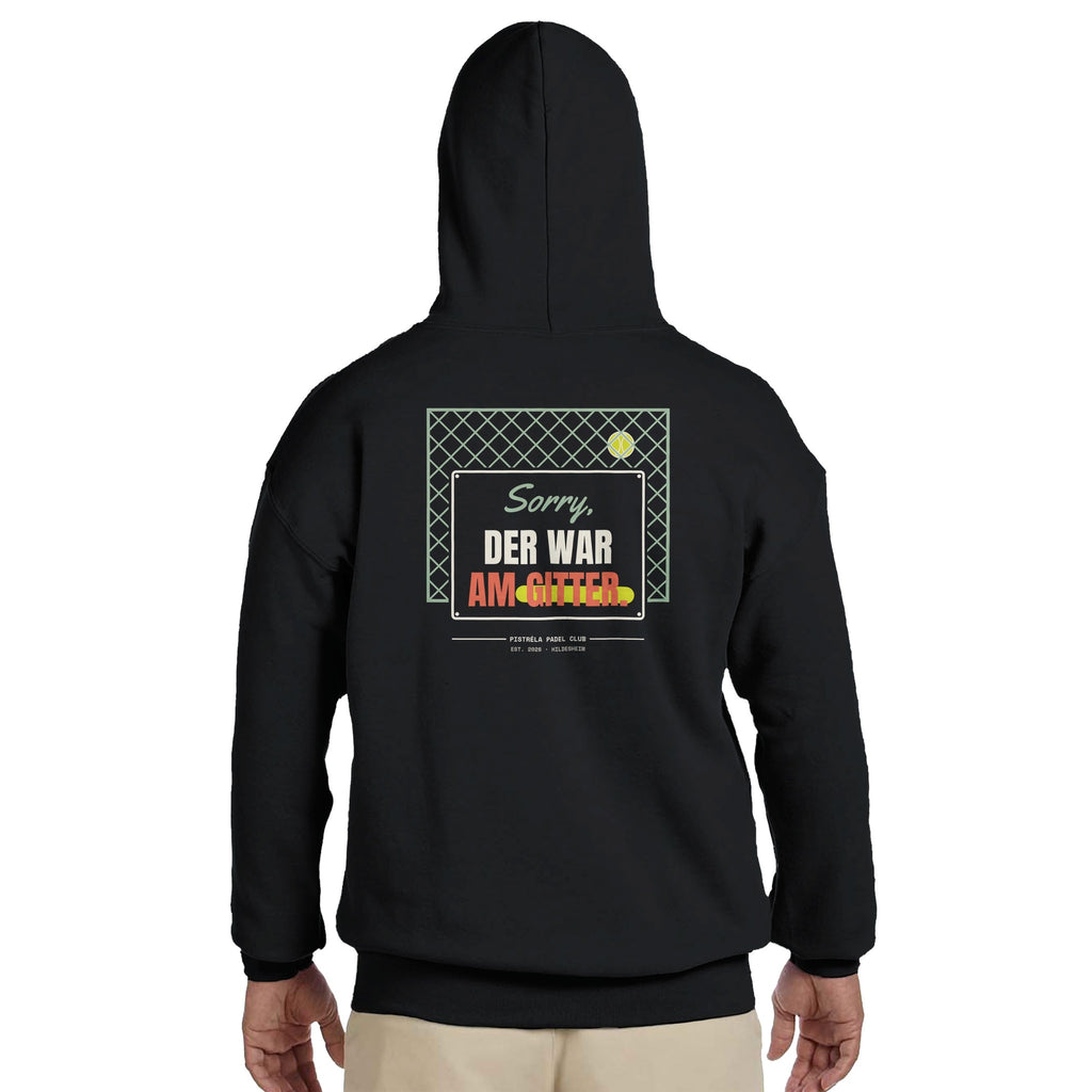 Sorry, der war am Gitter – Hoodie Rückendruck in Schwarz – getragen, Rückseite