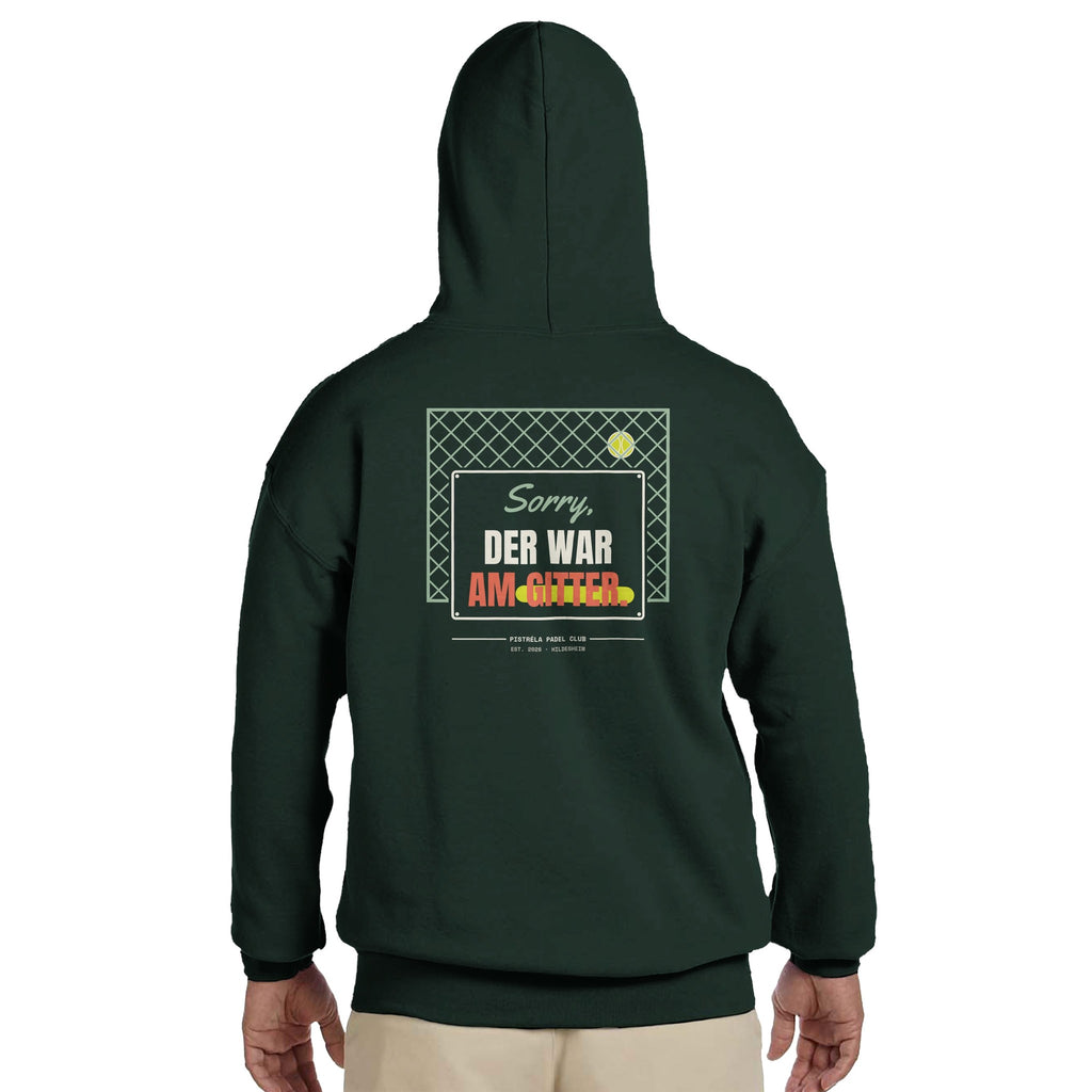 Sorry, der war am Gitter – Hoodie Rückendruck in Waldgrün – getragen, Rückseite