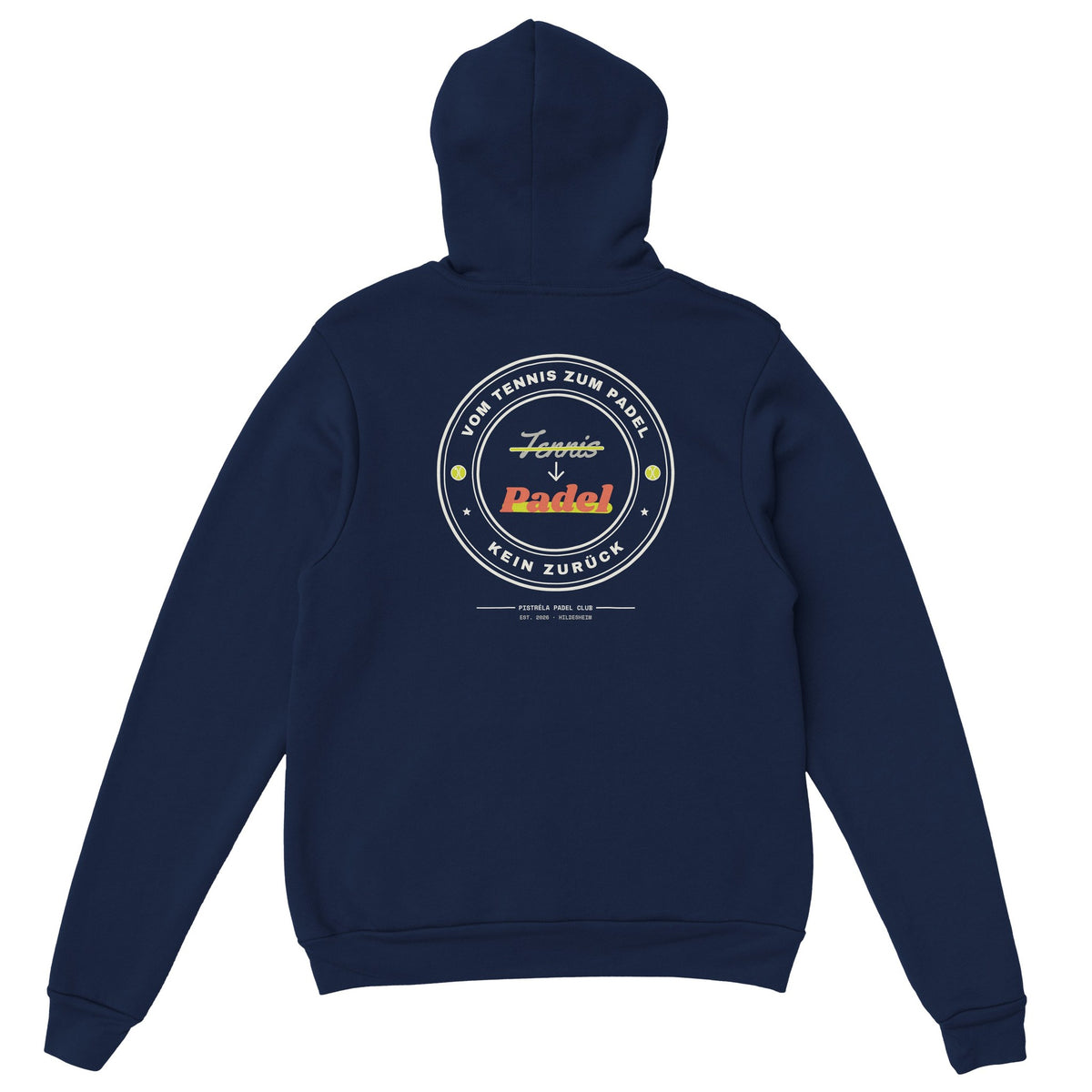 Vom Tennis zum Padel – Hoodie Rückendruck in Navy – Rückseite