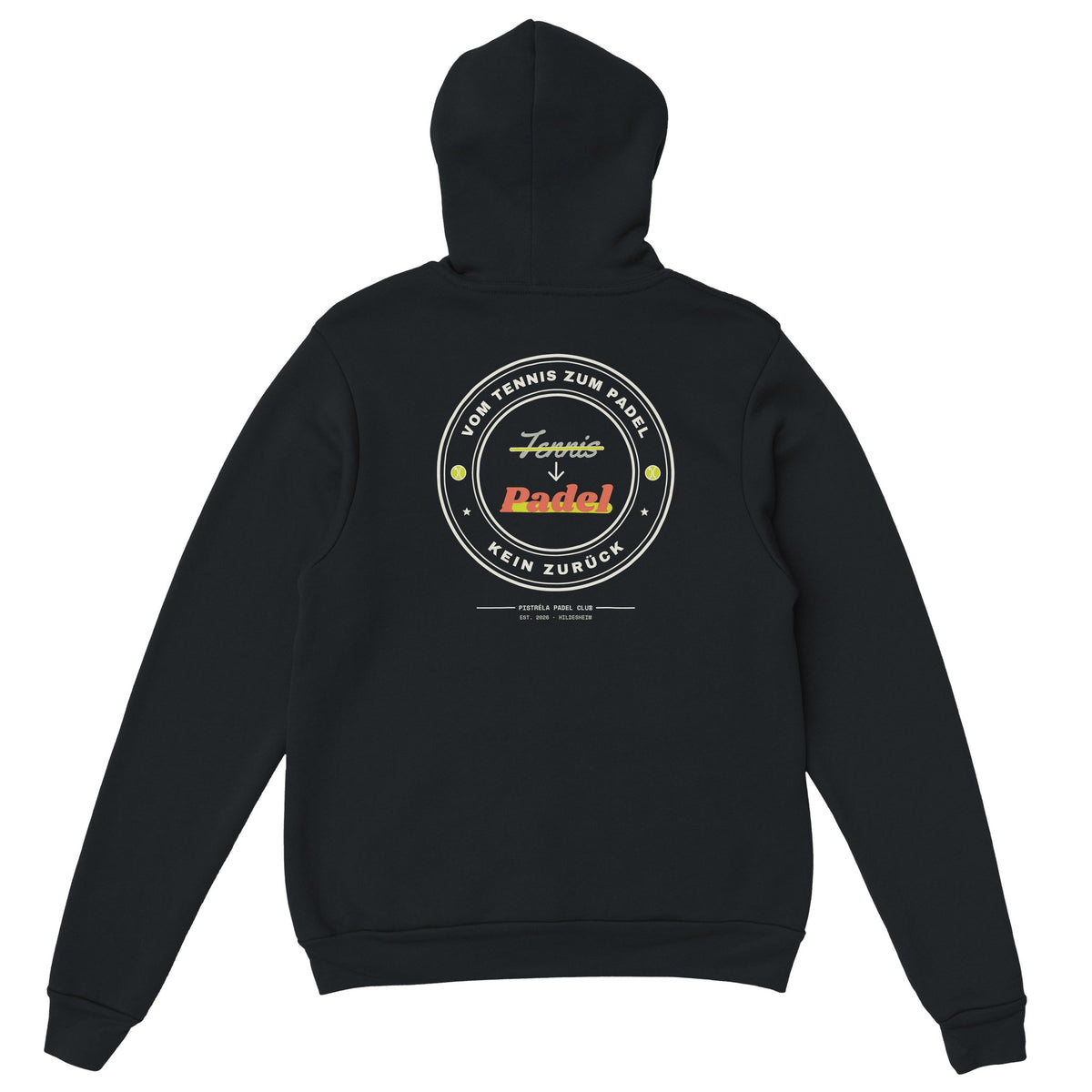 Vom Tennis zum Padel – Hoodie Rückendruck in Schwarz – Rückseite