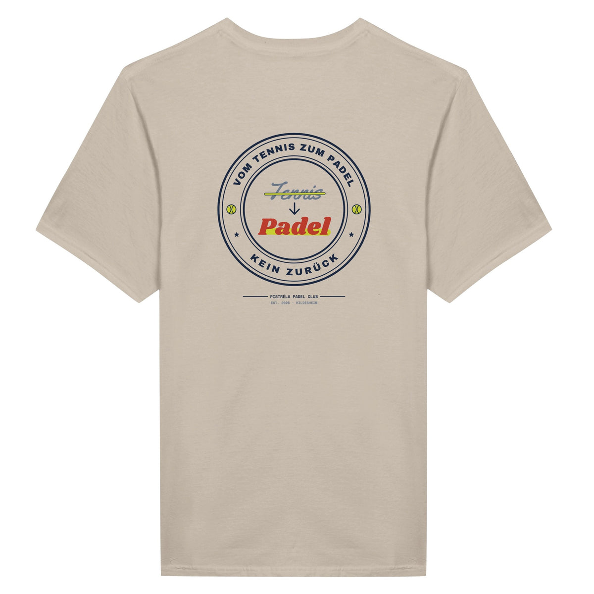 Vom Tennis zum Padel – T-Shirt Rückendruck in Sand – Rückseite